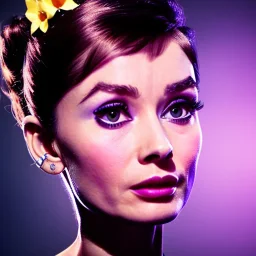 Audrey Hepburn has purple effect. She has beautiful eyes, Her hair flies in the air. with yellow flowers for hair, closed eyes, rtx, reflection, 8k, glow, winning photography, caustics