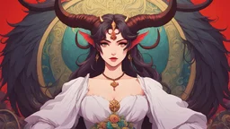 Portrait of a demonic demon princess ((with horns)), studio ghibli, ghibli style, anime , solo, alfonso mucha, (bright), sks woman, baphomet, large demon horns, curved horns