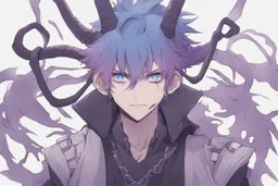 anime man with ram horns, fangs, messy purple hair and blue eyes