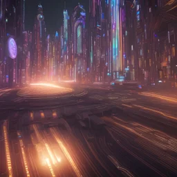 Futurist and hologramic city, in the night, 8k,unreal engine, very detailed, cinema 4D, low angle in a street