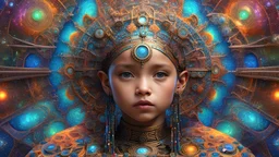 3D symmetrical rendering of an enigmatic expressively detailed and intricate, hyperrealistic dreamscape child: symmetric, front view, colorful paint, tribalism, steampunk, shamanism, cosmic fractals, dystopia, telepathy, 8k, high-resolution, realistic, surrealistic, v-ray,quixel megascans render, sintane render, dramatic volumetric lighting exquisite composition, beautiful detailed intricate detailed octane render, artistic photography, photorealistic, perfect light, chiaroscuro