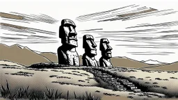 moai, manga, monochrome, black background, sketch, simple, maximum quality, broken hinge, barely functioning, centered on frame, far view, in the middle of a grassy hill, white sky with cumulonimbus