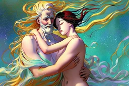 colourful digital painting of beautiful aphrodite full body embracing old man, in the style of hokusai and van gogh