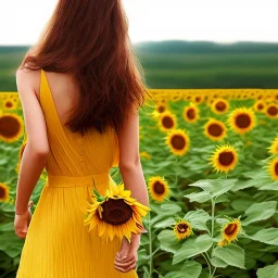 woman standing in sunflower field, back, windy, long brown hair, yellow dress