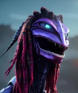 A predator alien,sci-fi style,purple and red colours,rasta long hair,8k.