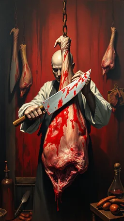 Bosch style painting , A shadow of a spirit inside a bloody butcher the butcher holding a big knife cutting a meat of hanging cow meat with details on red bloody background of a meat store