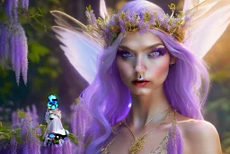 Fantasy cute elf with luminecent wings, smiling, make up, long blond platinum hair, blue eyes, crown, beautiful dress, wisteria flowers and mushrooms in background, HQ, high key lighting, volumetric light high details, unity engine