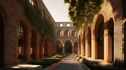 Hyper-realistic render of a fair-faced brick library featuring semicircular arches and perfect modular repetition. The materiality shows marked joints and a warm texture under golden sunset light. An interior courtyard visible with a scattered tree. Clean lines, balanced composition, and an atmosphere of silent monumentality.