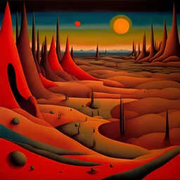 Surreal essence of a dreamlike landscape, inspired by the poetic and emotionally rich style of Max Ernst, vivid colors, enigmatic forms, and an underlying sense of mystery that resonates with the viewer's emotions