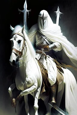 An Arab warrior holding two swords, sitting on horseback, wearing a white robe, strong, mysterious, frightening, fantasy, high quality