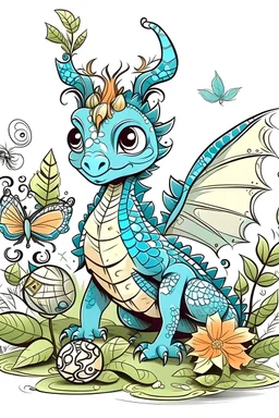 baby woodland dragon playing with butterflies in the jungle. cartoon style, outline art, mandala style, deatailed and regular structures. no background, no balack shadows, no extra body parts. simple outline art