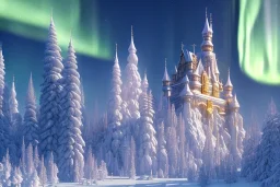  white and gold crystal castle，waterfall, winter snow flakessnow, northern Lights, full of details, smooth, bright sunshine，soft light atmosphere, light effect，vaporwave colorful, concept art, smooth, extremely sharp detail, finely tuned detail, ultra high definition, 8 k, unreal engine 5, ultra sharp focus