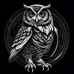 Detailed art of a full length picture of a proud owl, with lines with distance between them and the contrasting dark and light, wave like, Bw, full body, purple eye's, logo design, circular