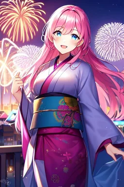 girl, masterpiece, best quality, cinematic lighting, detailed outfit, vibrant colors, perfect eyes, long hair, pink hair, blue eyes, kimono, fireworks, laughing, town,