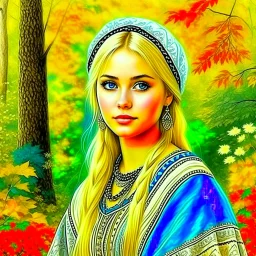 Blue eyed blonde women in traditional dress, nature background, water color, 24k, high resolution, highly detailed, cozy, forest with leafs, flowers, smooth, folk, painting