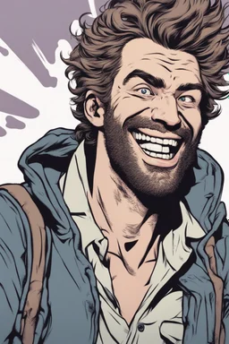 man with scruffy hair and stubble laughing absurdly at people panicking comic book style