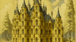 A light yellow chateau with angels painted by Lucas van Leyden