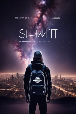 Supernova overlooking a city in the Milky Way galaxy with a person wearing a hat and a backpack with the Shift logo on it