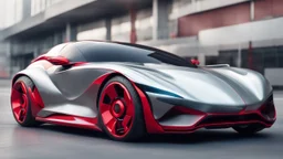 a futuristic electric magnetic car, super fast car, big wheels and propulsor, sport, front view camera angle, red cherry