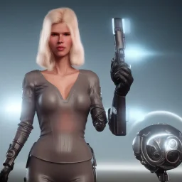 Ultra Realistic retro sci-fi movie scene, waist up view portrait, blonde woman pointing a gun, sweet young Claudia Schiffer face, perfect iris, glow eyes, makeup, weapon. Drones background, Retro sci-fi style, helmet, tight latex coat, fog, rain, soft color, highly detailed, unreal engine 5, ray tracing, RTX, lumen lighting, ultra detail, volumetric lighting, 3d, finely drawn, high definition, high resolution.