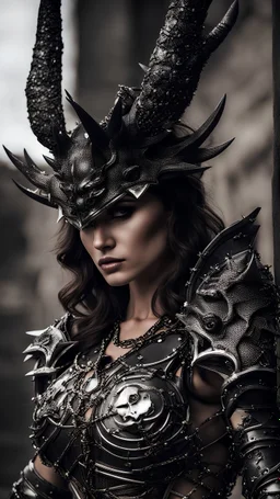 Stunning beautiful brunette girl with curvy muscular body wearing spiked steel chainmale armor and dragon skull helm posing hot deep beautiful makeup