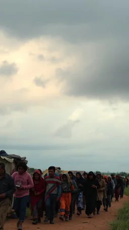 ‏قافله من المهاجرون يمشون بحزن. وتعب في جو ملبد بالغيوم و عاصفه في السماء تتبعهم