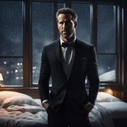 Hyper Realistic Muscular Ryan Reynolds looking handsome in a black tuxedo dressing in a dark-cozy-bedroom with huge-windows at dark-snowfall-night