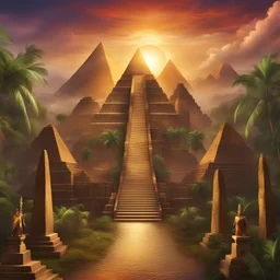 aztec, ancient and majestic city, towering pyramids, lush jungle surroundings, golden treasures, mystical and mysterious, digital illustration, historical and fantasy blend, vibrant colors, warm and dramatic lighting