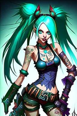 Jinx is a fictional character from the video game "League of Legends." She is typically depicted with long, blue hair and green eyes, and wears a stylish and revealing outfit that resembles a classic magicians' costume. Jinx is often armed with a variety of weapons such as swords, explosive devices, and sharp throwing stars which she uses to fight her enemies in battle. Her chaotic and unpredictable nature is reflected in her maniacal laughing and energetic movements.