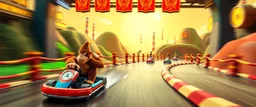 donkey kong bowling stage racing, motion blur, weird creatures, mini racing kart, fences and hills