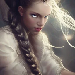 beautiful young queen with white armor, illustration, delicate white braided hair with ponytail, glass eyes, highly detailed, 8k, ambient light, taylor swift