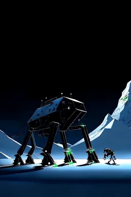 a minimalist silhouette of a sleek mechanical walker with eight legs scaling a very steep snow covered side of mout everest at night, it has a smooth surface, it has storage pods on its belly and humans can fit in the pods