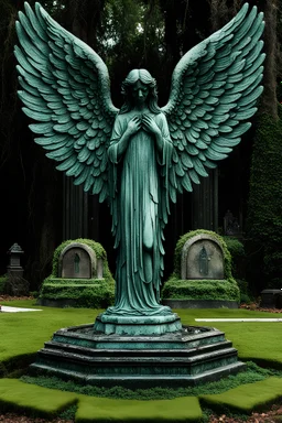 a mossy graveyard fountain statue of a weeping angel with perfect, symmetrical wings; Verdigris, in the combined styles of munk one, alex pardee, and James R. Eads, trending on DeviantArt, lowbrow, heavy metal t-shirt design, on a black cemetery background