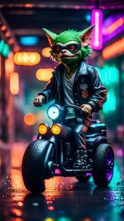 portrait of slick lord water wolf Gremlin myth buster pimp ninja yoga cyber punk in flying hipster lawn Harley Davidson tractor parked in dark neon lit reflective wet arcade hall tunnel,bokeh like f/0.8, tilt-shift lens 8k, high detail, smooth render, down-light, unreal engine, prize winning