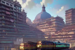 close up train+Elevated train+riomaggiore corner building+Italian colourful sea village +alphonse mucha, greg rutkowski,matte painting, cryengine, hyper detailed, felix kelly, fantasy art, seb mckinnon