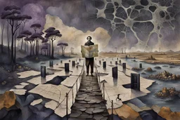 inner world , atypical world, in midle an alone human figure stands on the thin bridge with a big map his hands , weird whimsical landscape, forest, and Sahara water and rocks,, around surreal cracked painted weird land with some black doors. dark purple, gray, black, white, brown. Whimsical style of Chagall , of Minjae Lee and Anton Semenov, lonely with absurd beauty. broken, weird bizarre absurd nightmare, labirynth, dark vision, neuron network background, surreal vibe, stunning painted