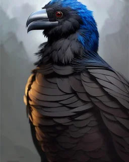 "black beak and feathers, Kenku male, humanoid bird, dnd, rogue, adventurer, full-scale head and shoulders portrait, 8k resolution concept art portrait by Greg Rutkowski, Artgerm, WLOP, Alphonse Mucha dynamic lighting hyperdetailed intricately detailed Splash art trending on Artstation triadic colors Unreal Engine 5 volumetric lighting Splash art fantasy"