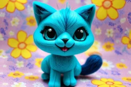 closeup, sharp focus, cute faced happy bioluminescent mohair fantasy steampunk animal cat creature, needle felt, big shiny blue eyes S<AI in sunshine, flower pattern background