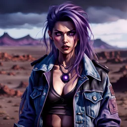 mysterious beautiful Navajo female post-apocalyptic sorceress, purple boxerbraid hairstyle, purple eyes, dark eyeshadow, jean jacket black sportsbra, anime style