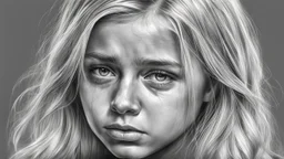 Black and white pencil sketch of a sad blonde girl in tears, photorealism, 3d, 64k, high resolution, hyperrealism, f/16, 1/300s.