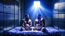 full figure shot photography of two arab prisoners in cell sitting on the edge of a bed talking, muscular hairy chubby 45 years old,long beard, low lights, misery and poverty, in undershirt and boxers, little light enters from a skylight above, lights from above, photorealistic, ambient occlusion, front view from below