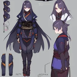 High quality, Detailed, Black long hair, Purple eyes, mouth open, blushing, ninja clothes, concept art