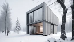 Modern and minimalist house in a winter environment is light gray, with vertical siding that gives it a subtle texture. There are small rectangular windows and a visible door, all emitting warm light from the inside. The house is situated in a snowy landscape, with several bare trees scattered around, suggesting that it is winter or a cold region.