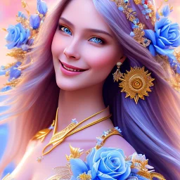 Beautyful smiling young woman, long hair amazing blue eyes, flowers, happy cosmic, bright colors, blue, pink, gold, jewels, realistic, photo real, clear sunny background, highly detailed, high contrast, 8k high definition, unreal engine 5, extremely sharp detail, light effect, sunny light background