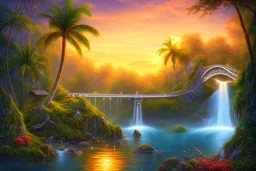 island waterfall palms twigs spring sunset bridge birds