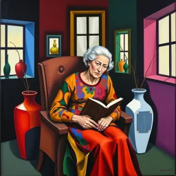Deeply symbolic cubist scene: elderly woman in vibrant dress, book, stylized chair, abstract vases, windows, multiple perspectives, bold colors.