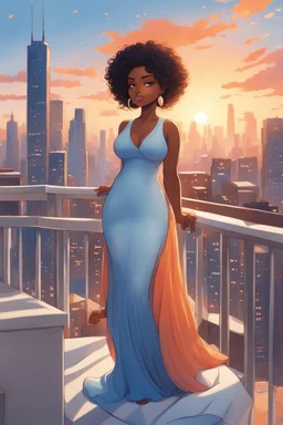 The scene opens onto a serene balcony overlooking a bustling city skyline. The sky above is painted in soft hues of blue and orange as the sun begins its descent, casting a warm glow over everything it touches. In the foreground stands a captivating figure, airbrush chibi cartoon curvy black woman exuding confidence and elegance. She is adorned in a flowing white knit maxi dress that hugs her curves in all the right places, accentuating her silhouette. Her choice of footwear is equally stunning