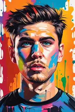 Busch paint style Abstract mean boy look with weird look to the camera portrait in flat oil colors no splash colors