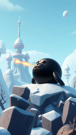 cannon blasting shooting a shiny black ball that looks like a seal above frozen artic jungle with weird alien towers gets torn apart under him, in the style of Pixar, expertly crafted in a whimsical and vibrant cartoon style. is masterfully rendered in a lifelike 3D design, which captivates viewers with there irresistible charm.