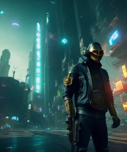 A badass wearing a broken mask, full body, atmospheric, realistic, unreal engine, cinematic lighting, octane render, cyberpunk city background